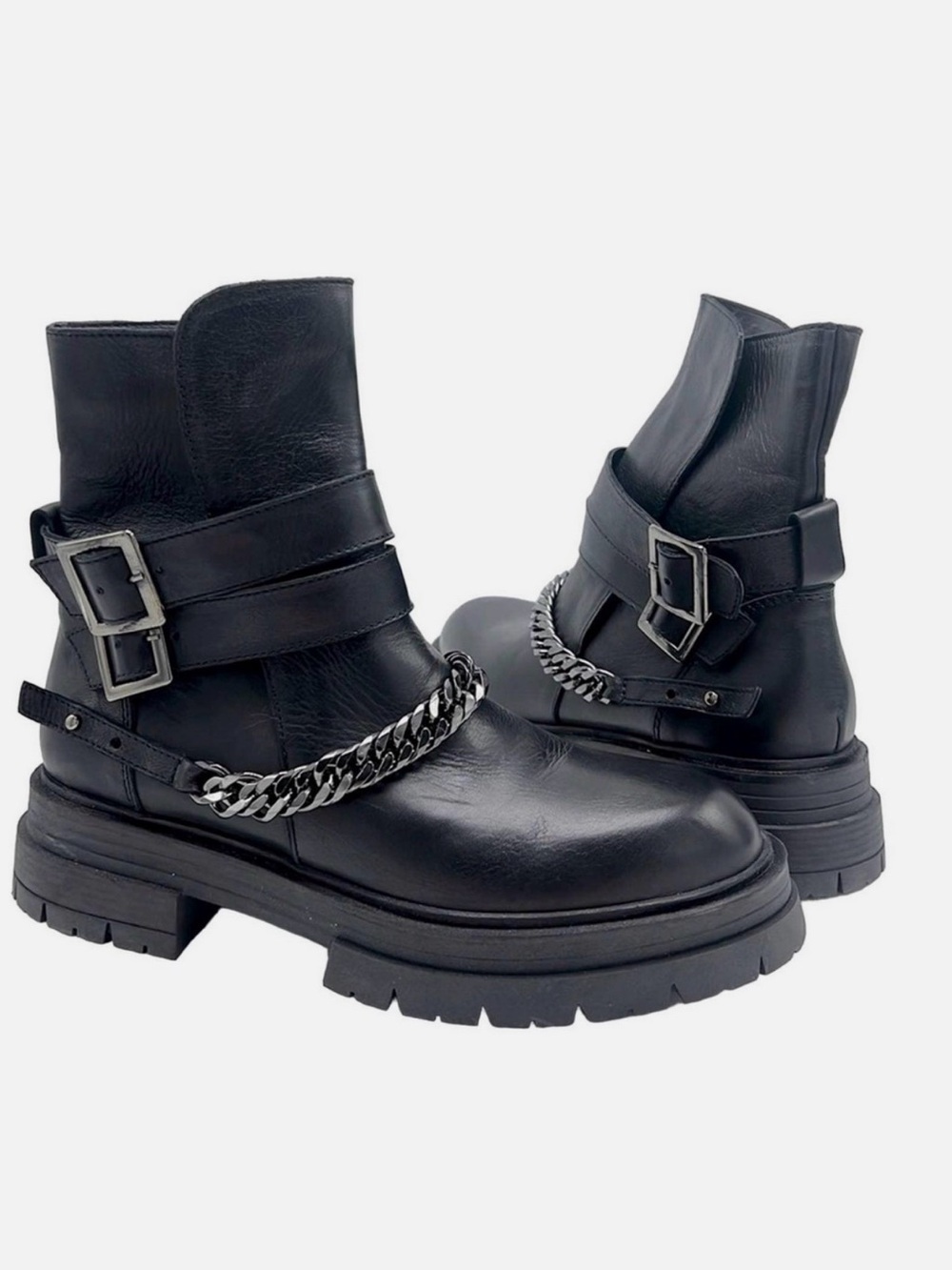 Steve Madden “Sloan” Chunky Black Leather Chain Strap Ankle Boots